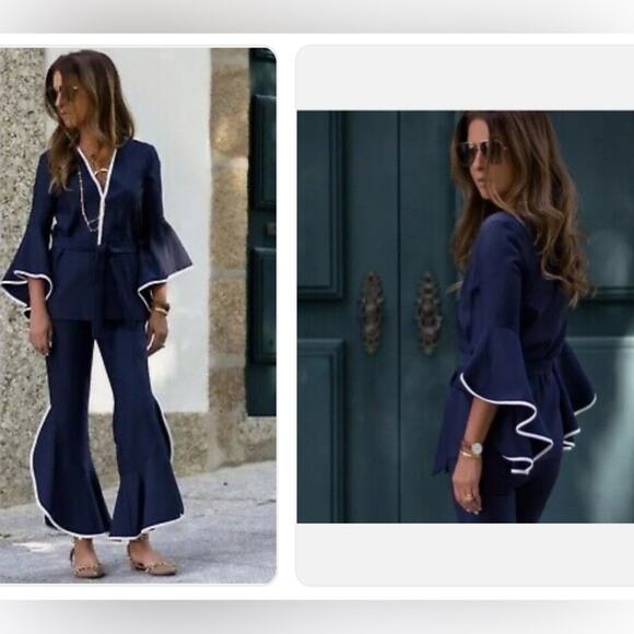 Zara Navy Bell Sleeve Wrap Blouse Blazer with White Trim, Medium - Picture 7 of 11